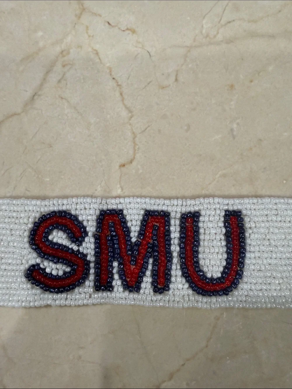 Beaded SMU Key Fob in White with Navy & Red Accents
